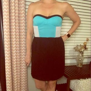 Black, teal, and gray strapless mini dress